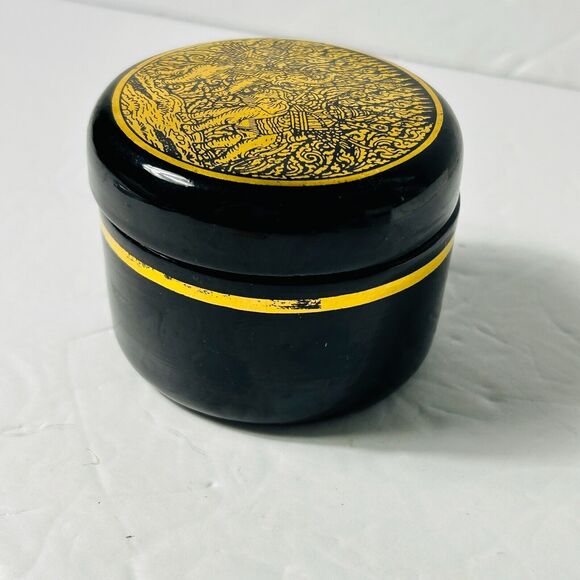 Vintage Lacquered Black Round Trinket Box Gold Accent Elephant Design Asian 3" - Picture 3 of 5